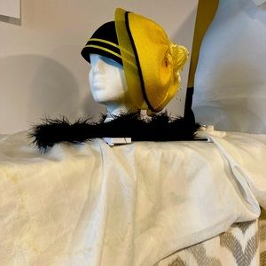 Midnight Navy Blue, + Yellow Asymmetrical Pillbox w/Yellow ribbon stripes, Hat